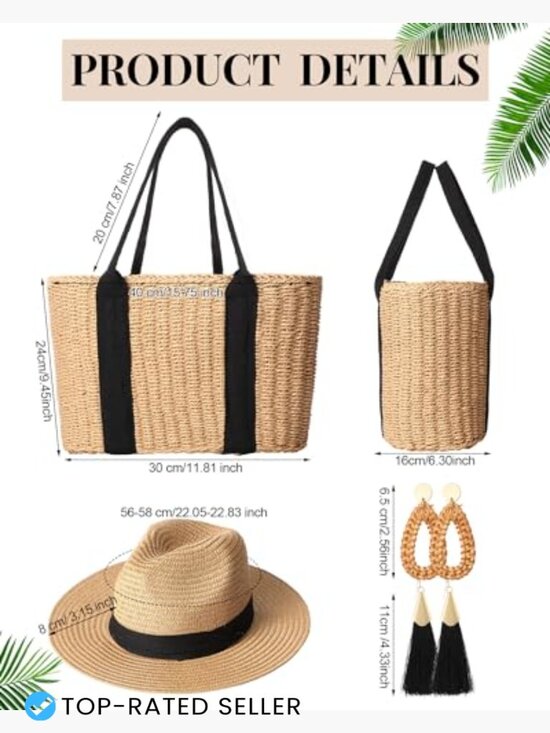 Straw Woven Bag and Rattan Hat Set Bohemian Summer Vacation Tote Handbag main image 4